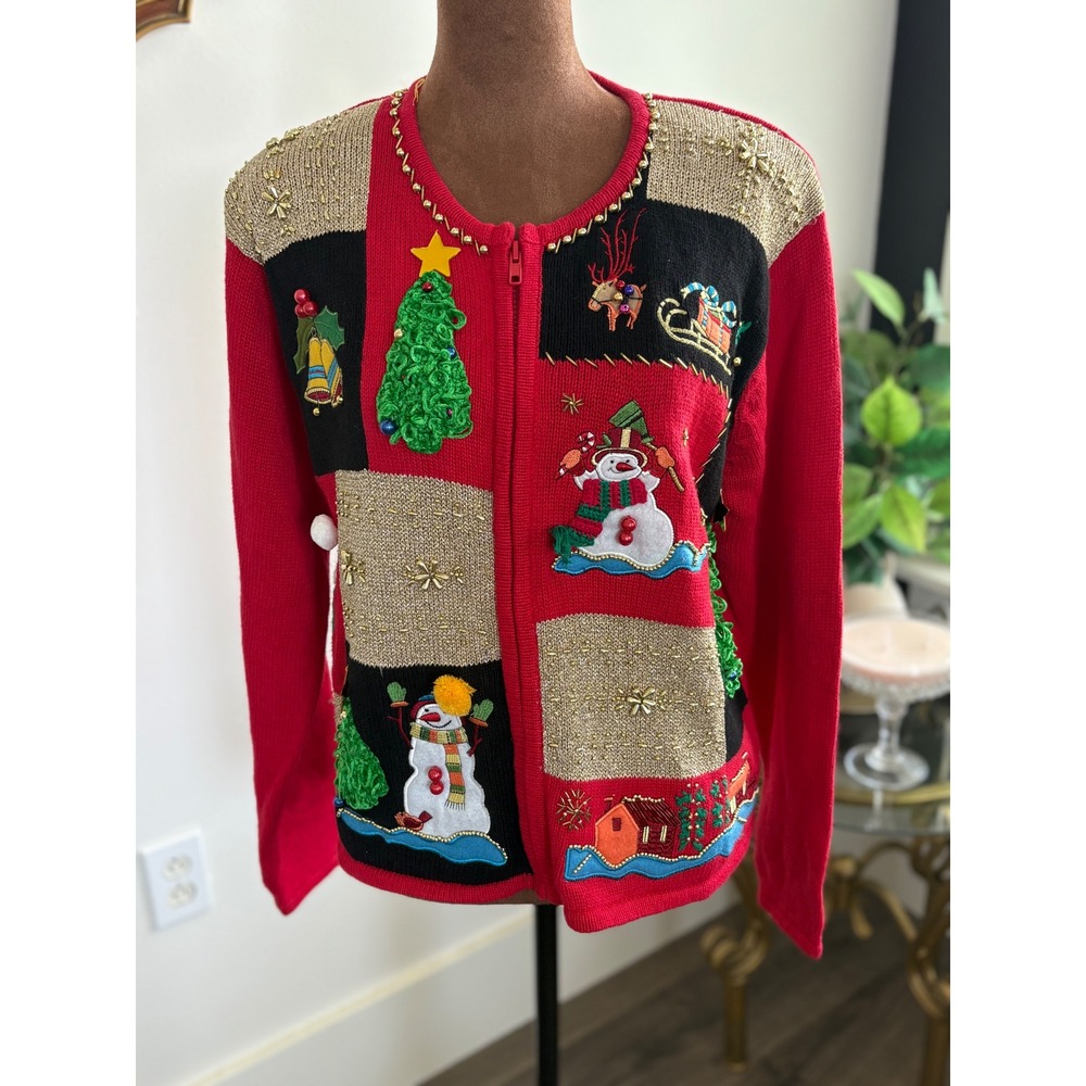Lisa International Christmas Cardigan Sweater Holiday Patchwork Petite L